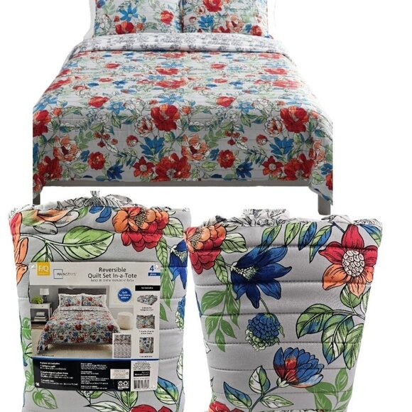 Mainstays Reversible Quilt Set In-a-Tote Full/Queen Grey Floral Bedding 4 PC Set - Picture 1 of 16